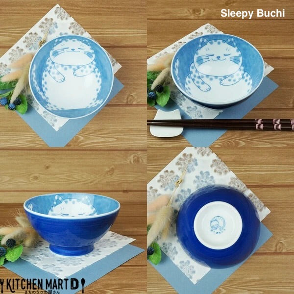 Collage of Sleepy Buchi cat bowl from various angles—featuring the dreamy, relaxed cat illustration and elegant blue design on Japanese Mino ware.

