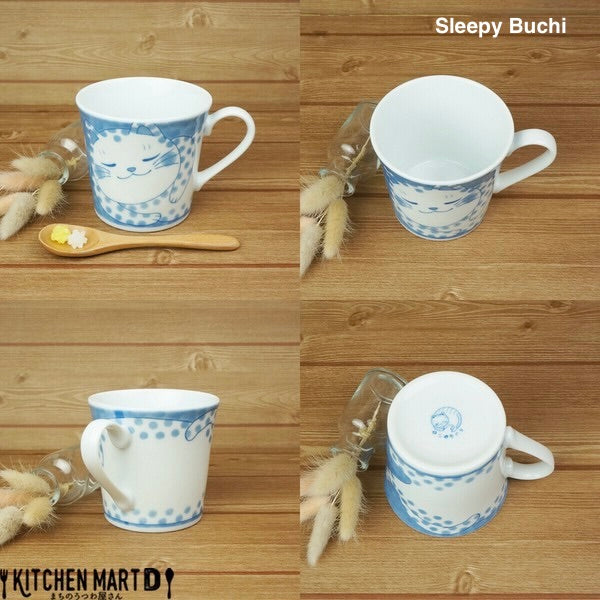 Collage of Sleepy Buchi cat-themed mug showing front, side, and back views, crafted in blue-and-white Mino ware

