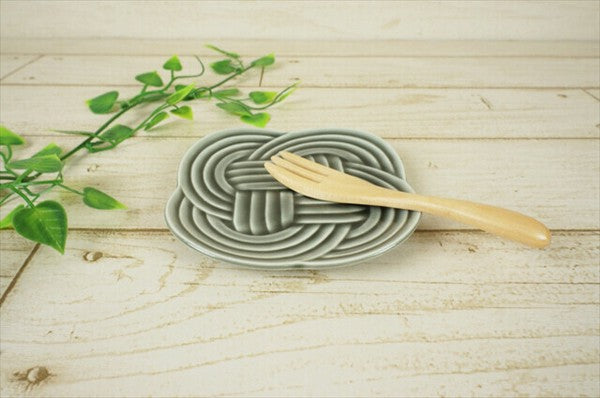 Sumi grey Musubi plate with raised knot motif, Japanese ceramic dish