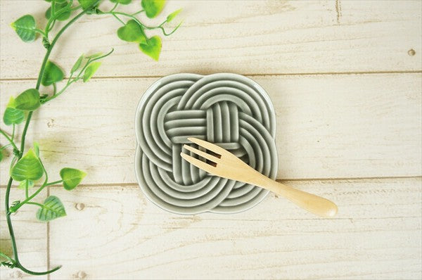 Sumi grey Musubi plate with raised knot motif, Japanese ceramic dish
