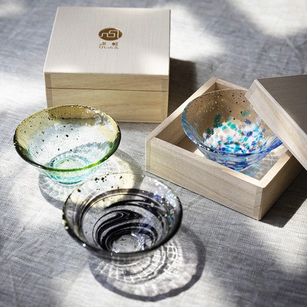 Tsugaru Vidro glass sake cup presented in a wooden gift box