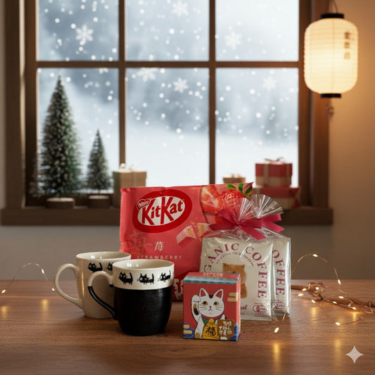 Coffeeware set with KitKat and coffee packaging on a table with snowy window background
