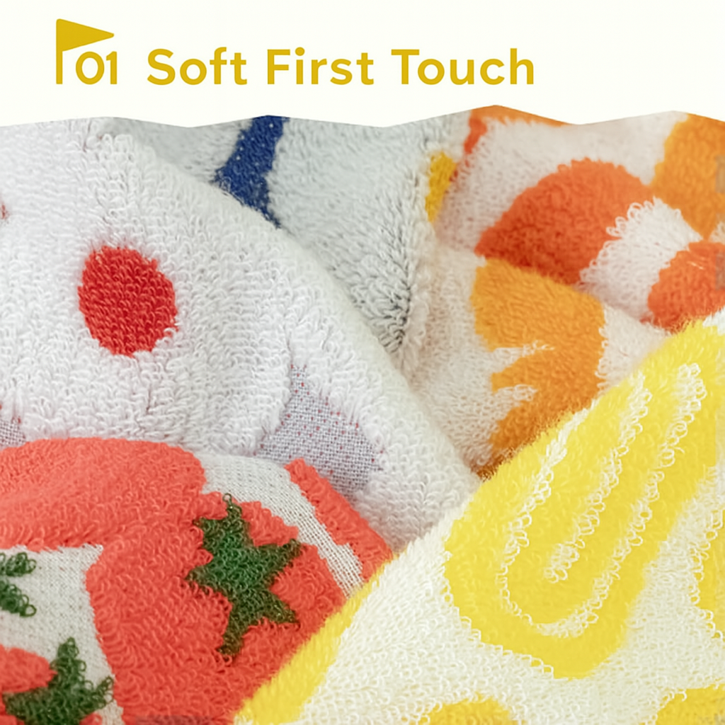 Close-up of GuuGuu towel handkerchief being gently pressed to highlight its soft, fluffy texture