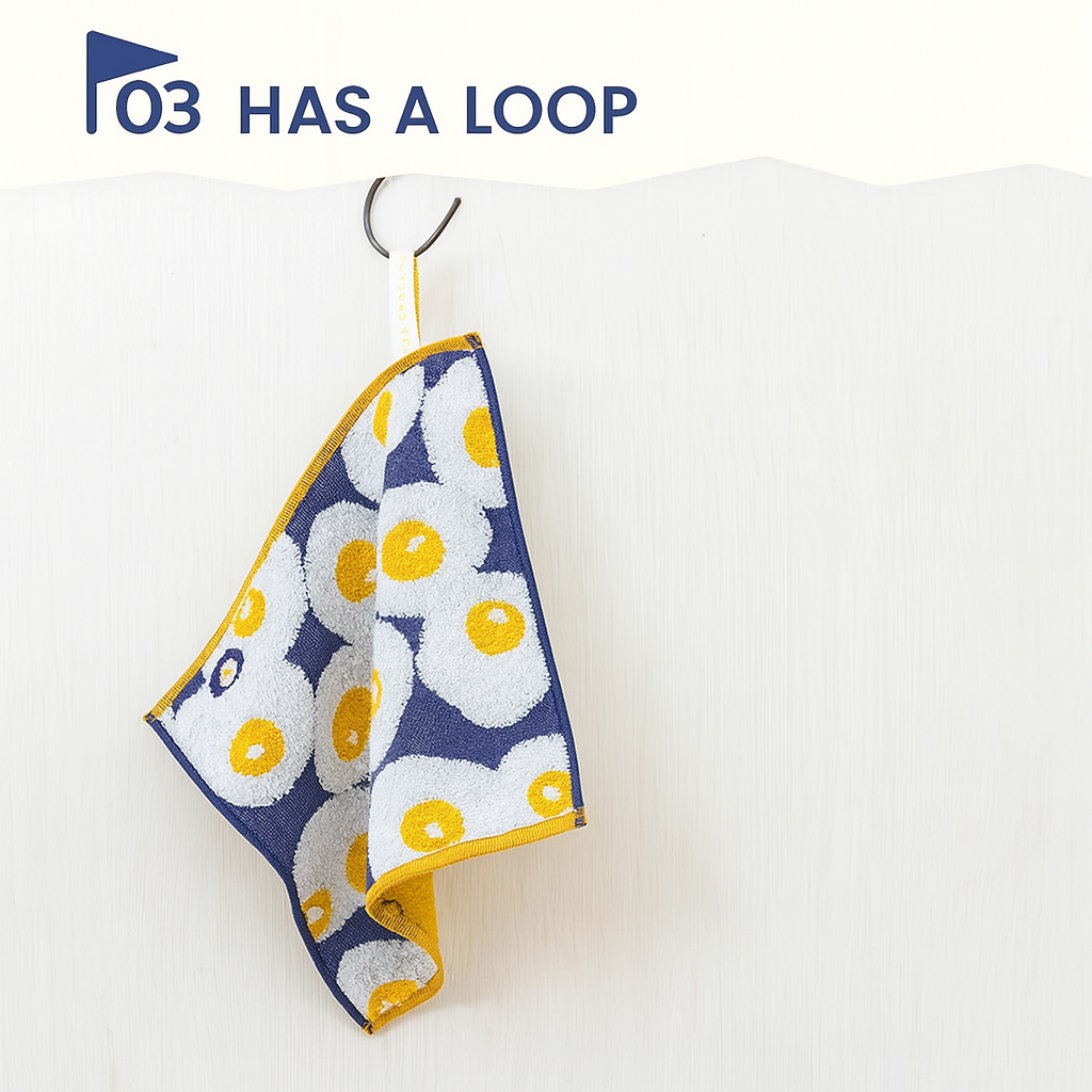 Corner of towel handkerchief showing sewn-in hook for convenient hanging and quick drying