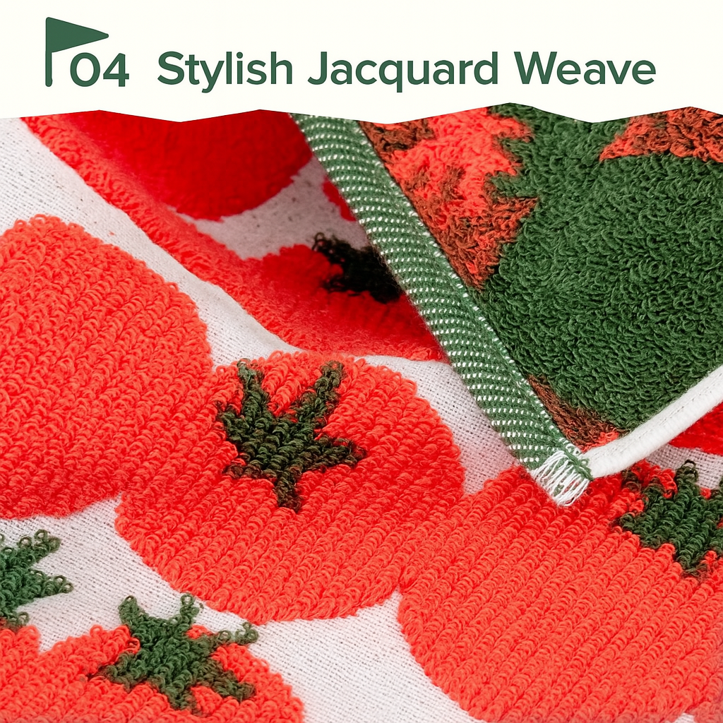 Detailed view of jacquard weaving on the towel, showing looped texture and intricate pattern definition