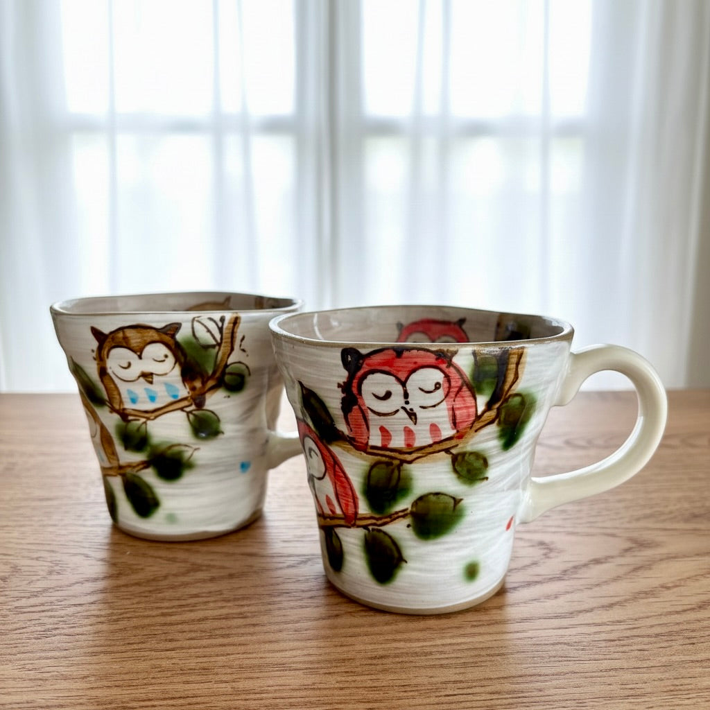 Two ceramic mugs with owl designs on a wooden surface.