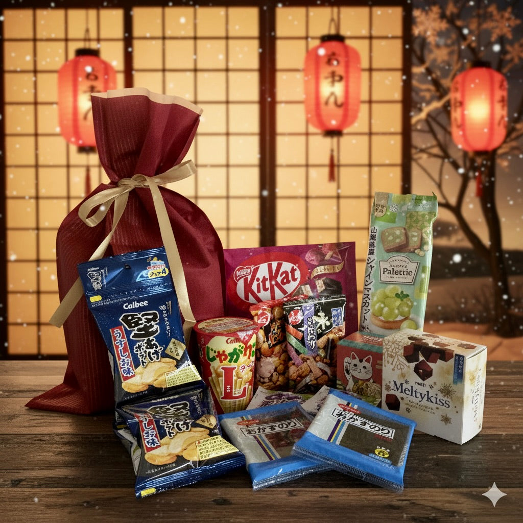 Assorted Japanese snacks and candies on a wooden table with a traditional Japanese backdrop.
