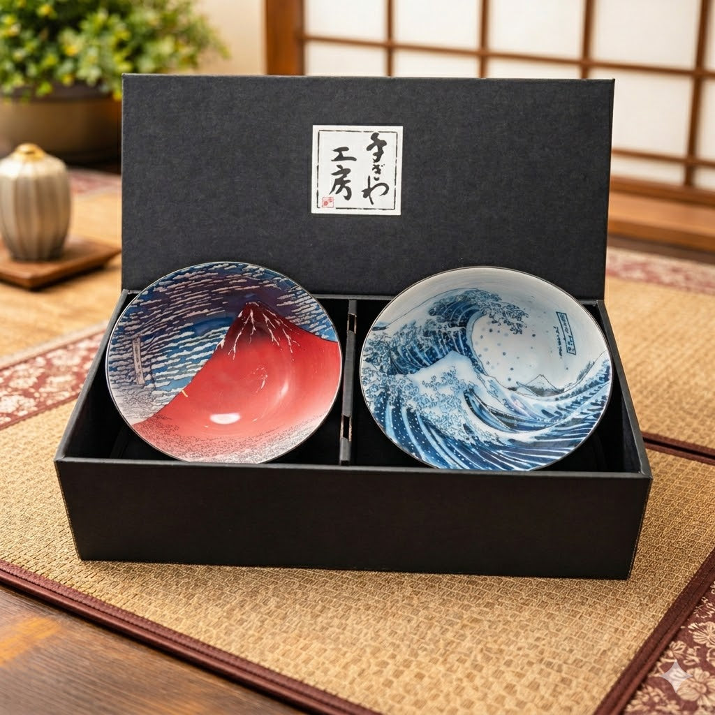 Hokusai Masterpieces Bowl Gift Set – Great Wave & Red Fuji (with Chopsticks)