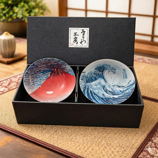 Hokusai Masterpieces Bowl Gift Set – Great Wave & Red Fuji (with Chopsticks)