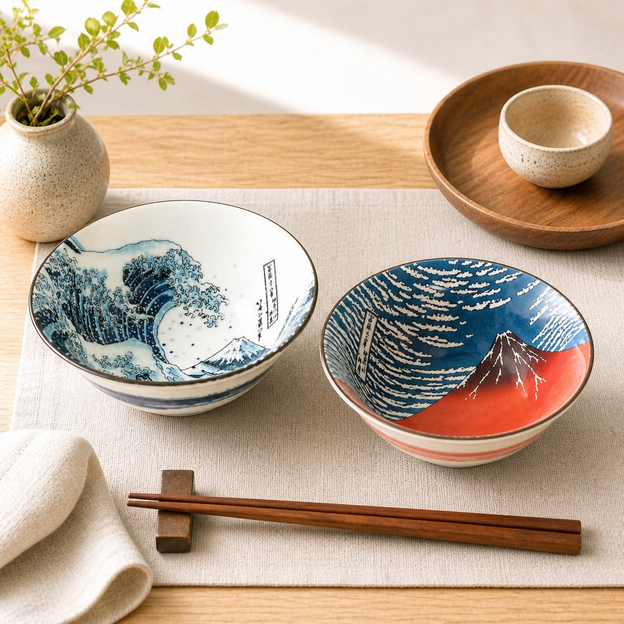 Hokusai Masterpieces Bowl Gift Set – Great Wave & Red Fuji (with Chopsticks)