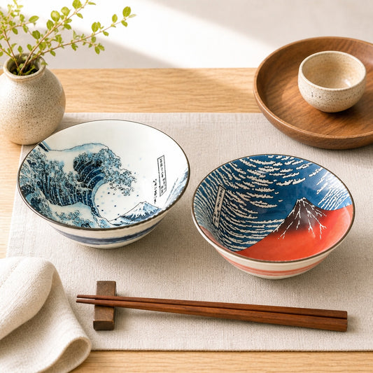 Hokusai Masterpieces Bowl Gift Set – Great Wave & Red Fuji (with Chopsticks)