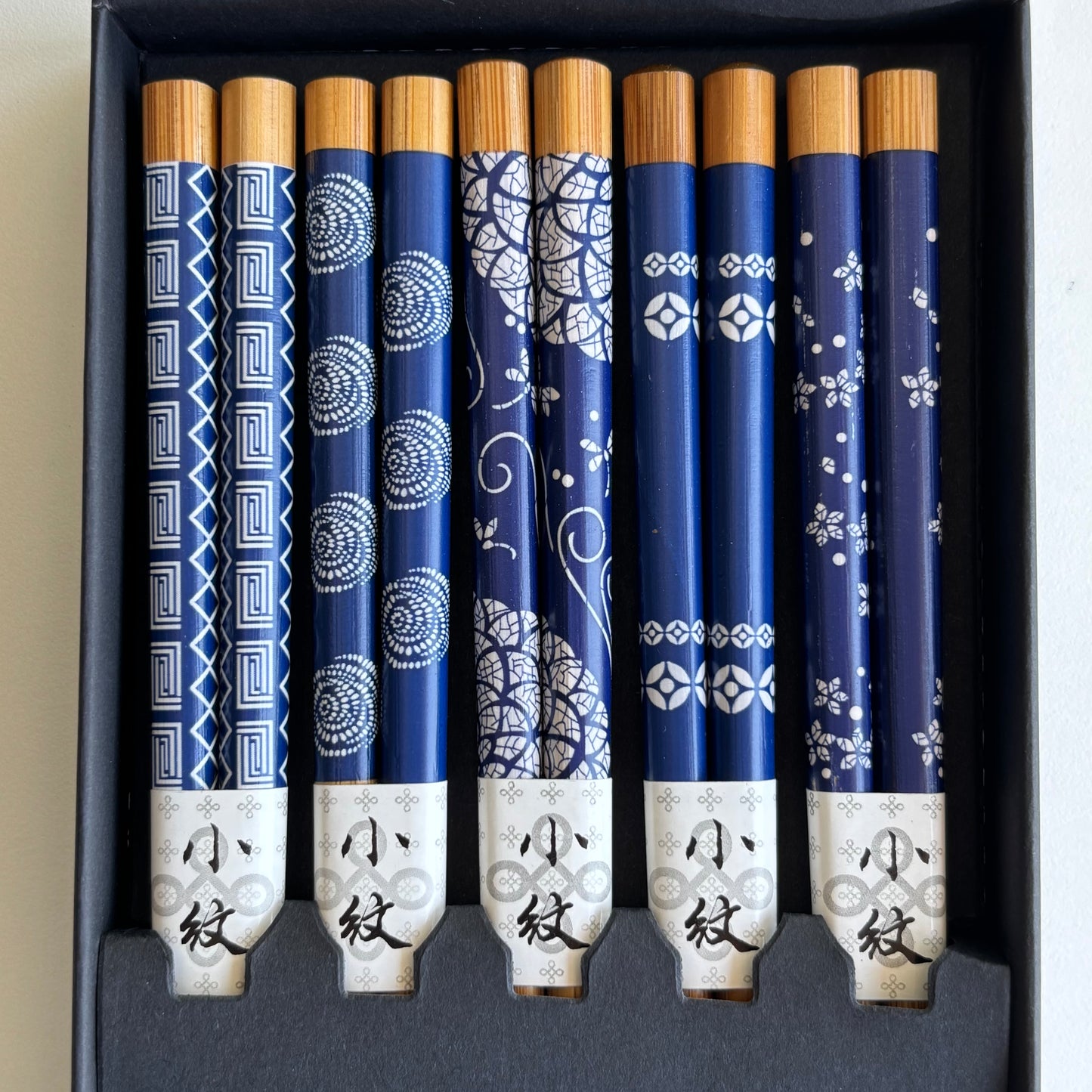 Made in Japan bamboo chopsticks with blue geometric and floral designs