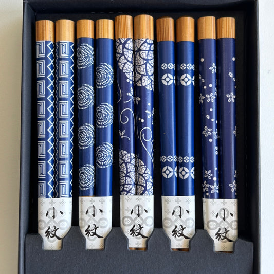 Made in Japan bamboo chopsticks with blue geometric and floral designs