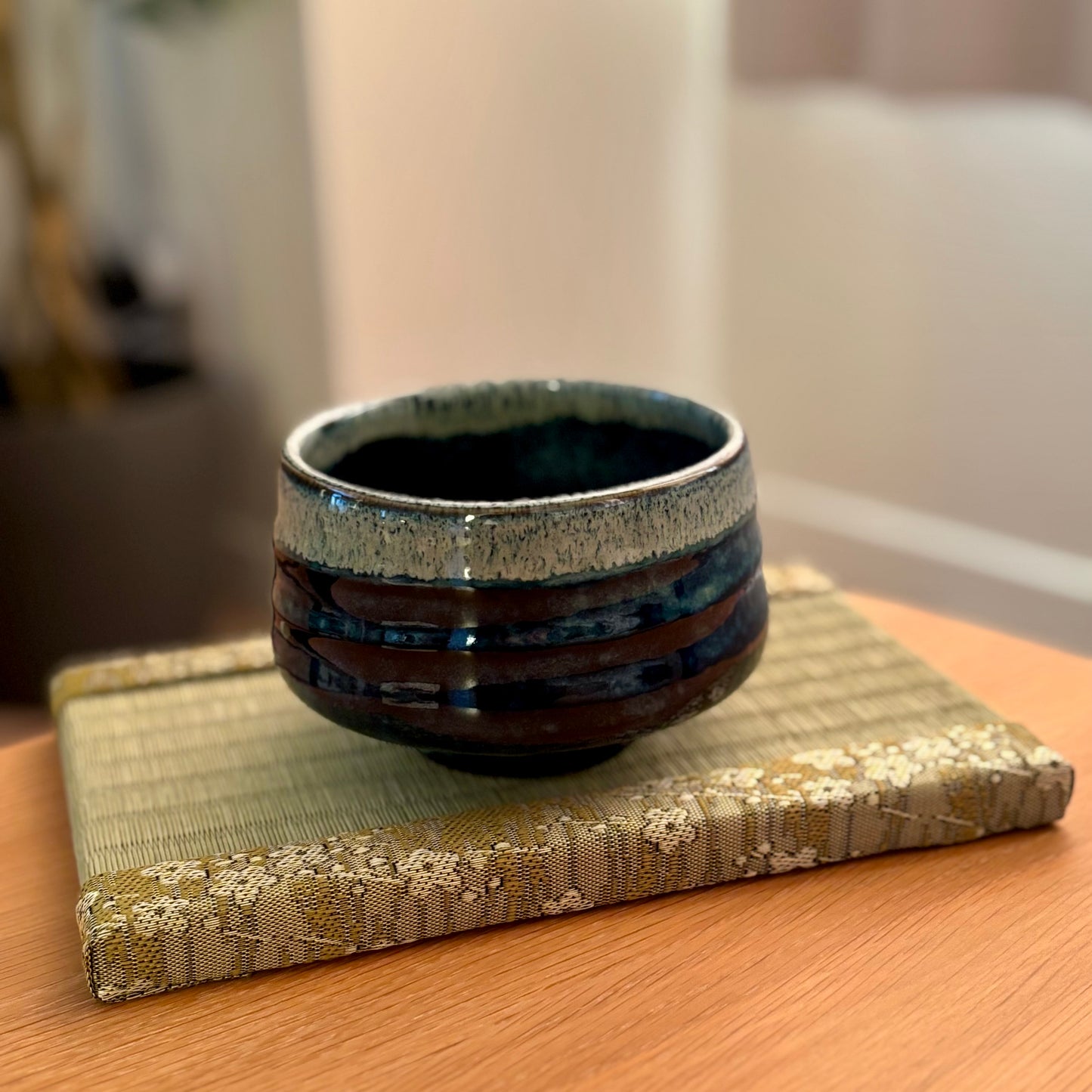 Blue-green glazed Japanese matcha bowl (Mino ware)