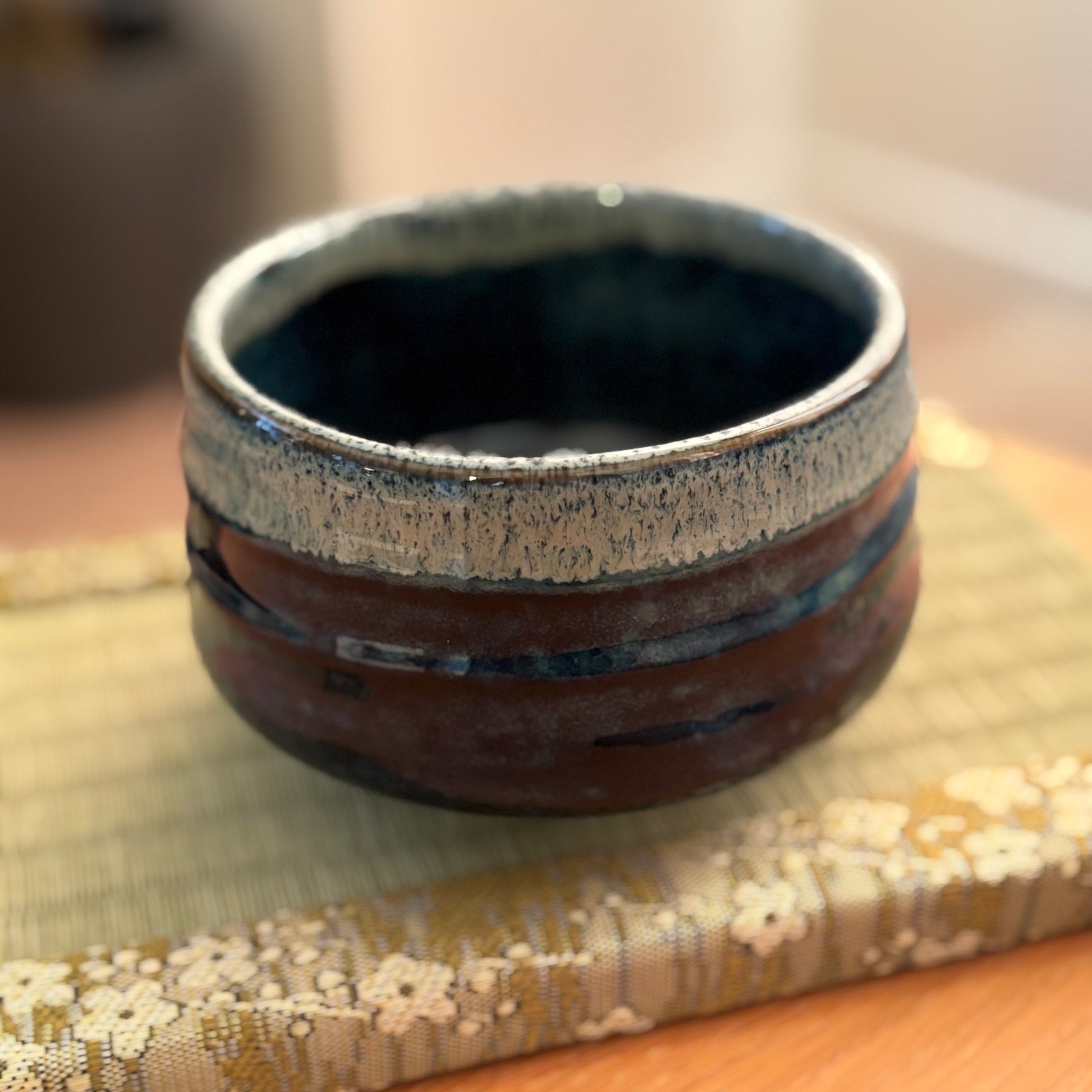 Blue-green glazed Japanese matcha bowl (Mino ware)