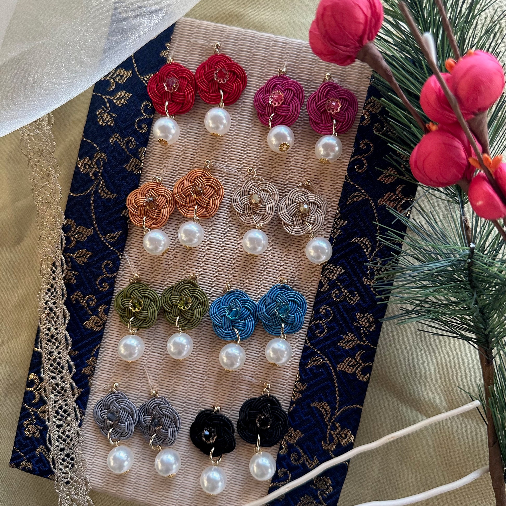 Assorted colors of Mizuhiki floral knot earrings with pearl, handcrafted in Japan