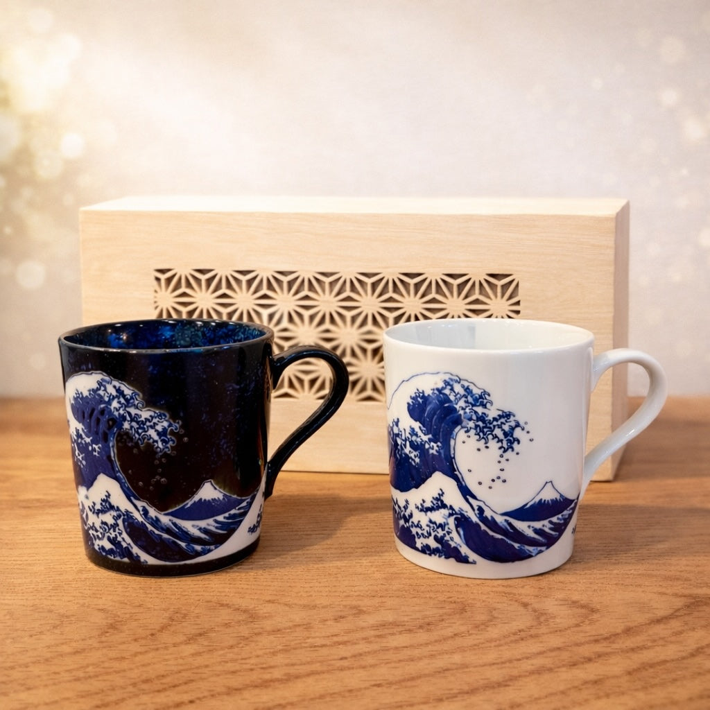The Great Wave off Kanagawa mug pair (blue and white) with wooden gift box set