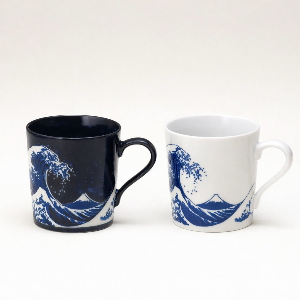 Indigo and white Great Wave off Kanagawa mug pair front view
