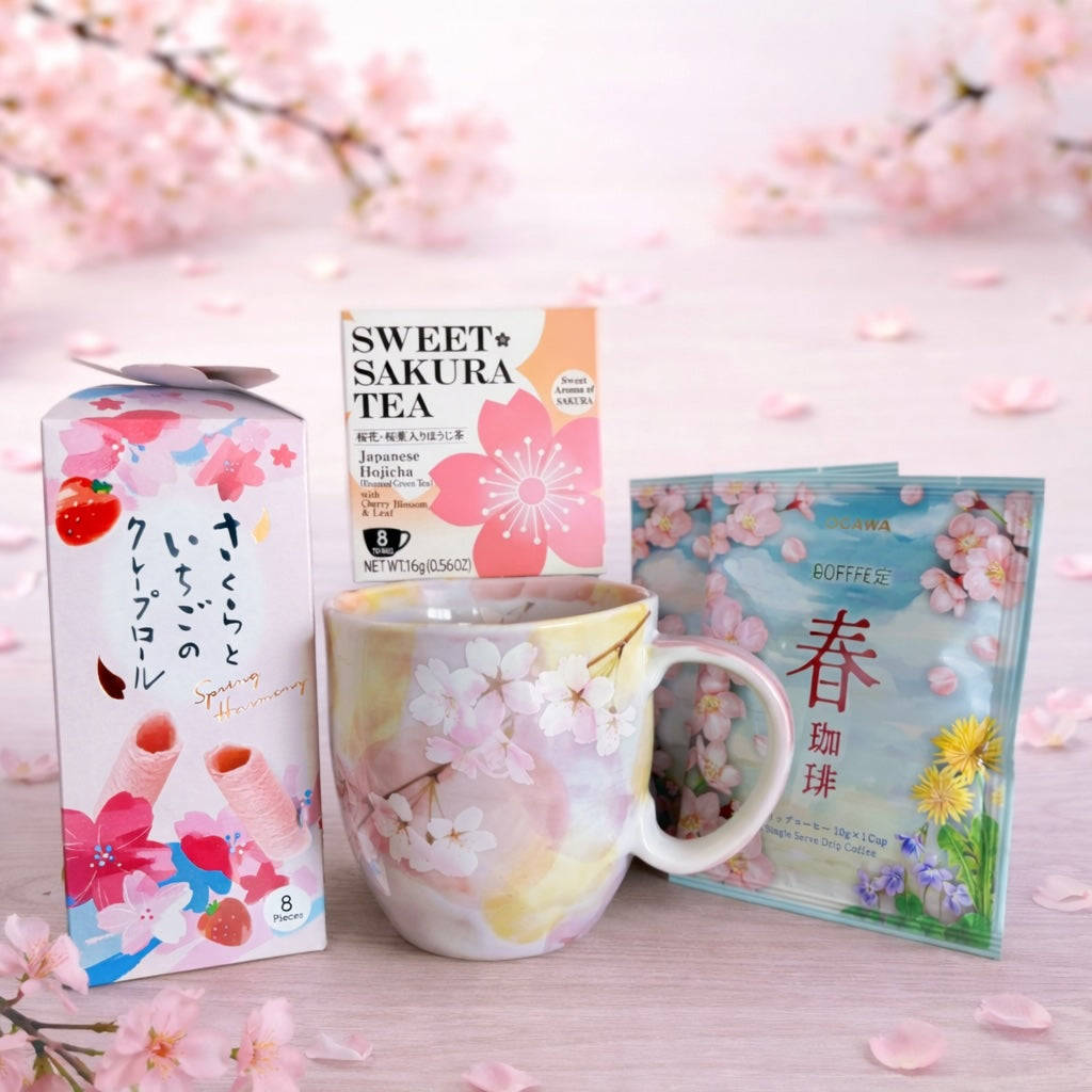 Japanese Sakura Mug Gift Set with cherry blossom tea, matcha snacks, hojicha, and drip coffee. Beautiful spring gift for tea lovers.
