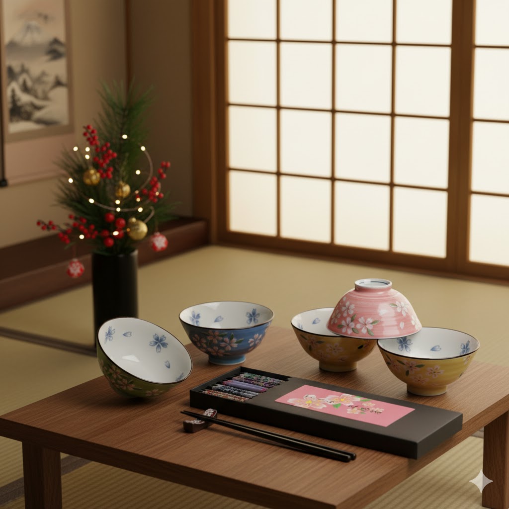 Set of cherry blossom bowls and chopsticks on a wooden table with a traditional Japanese room background.