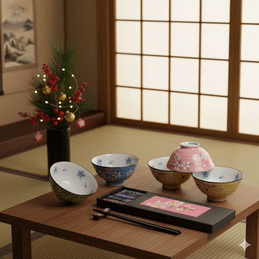 Set of cherry blossom bowls and chopsticks on a wooden table with a traditional Japanese room background.
