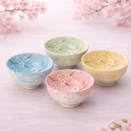 Four ceramic bowls in pastel colors with floral patterns on a light background with cherry blossoms.