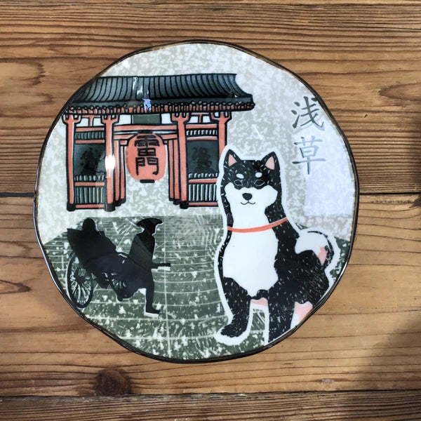 Japanese Mino platel with Shiba Inu and Kaminarimon Gate motif