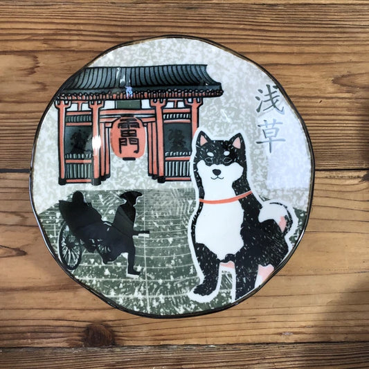 Japanese Mino plate with Shiba Inu and Kaminarimon Gate motif