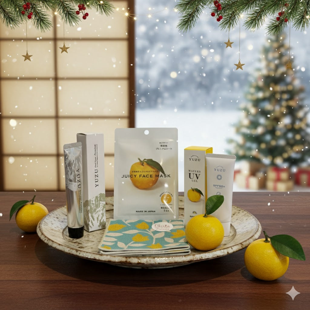 Japanese Yuzu gift set with hand cream, facial mask, sunscreen, and gauze handkerchief