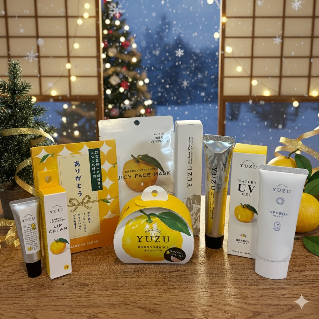 Japanese Yuzu self-care set with hand cream, sunscreen, lip cream, nail oil, face masks, and bath powder
