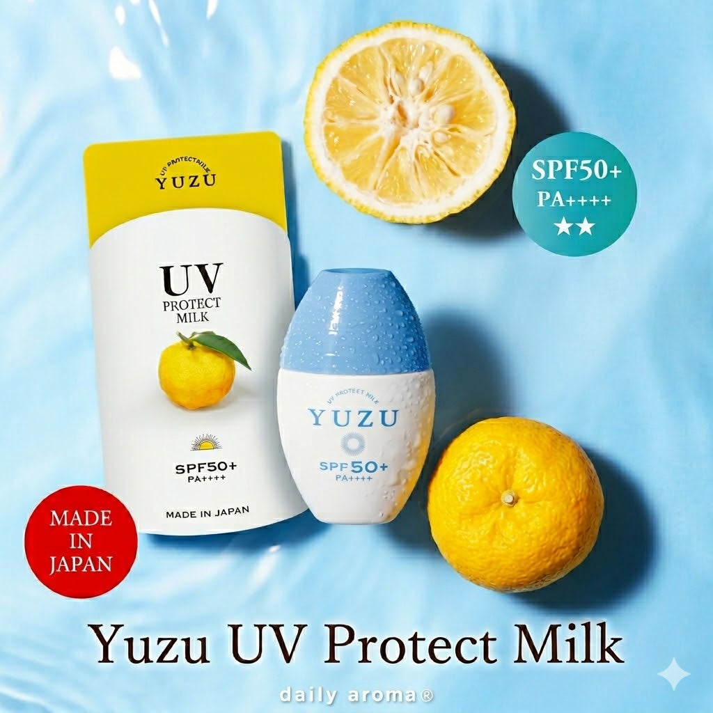 Yuzu UV Protect Milk SPF 50+ sunscreen shown in a white and yellow pouch and a blue-and-white bottle, styled with whole and sliced lemons on a light blue background with text callouts.