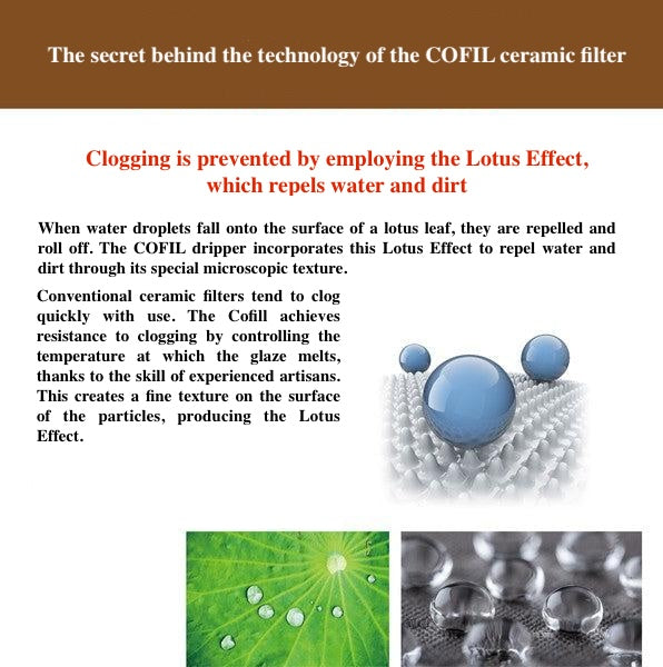 Technical description of COFIL ceramic filter technology with Lotus Effect illustration.