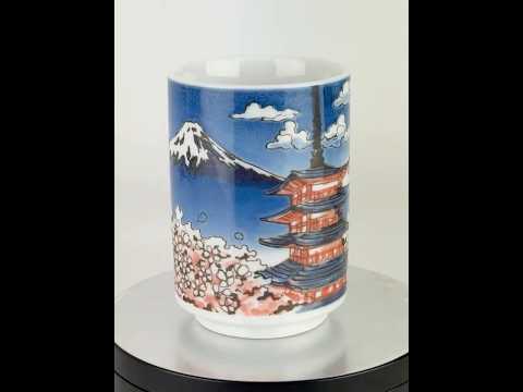 Panoramic view of the Sakura Fuji Mino ware tea cup showcasing the continuous wraparound Mount Fuji, Chureito Pagoda, and cherry blossom design