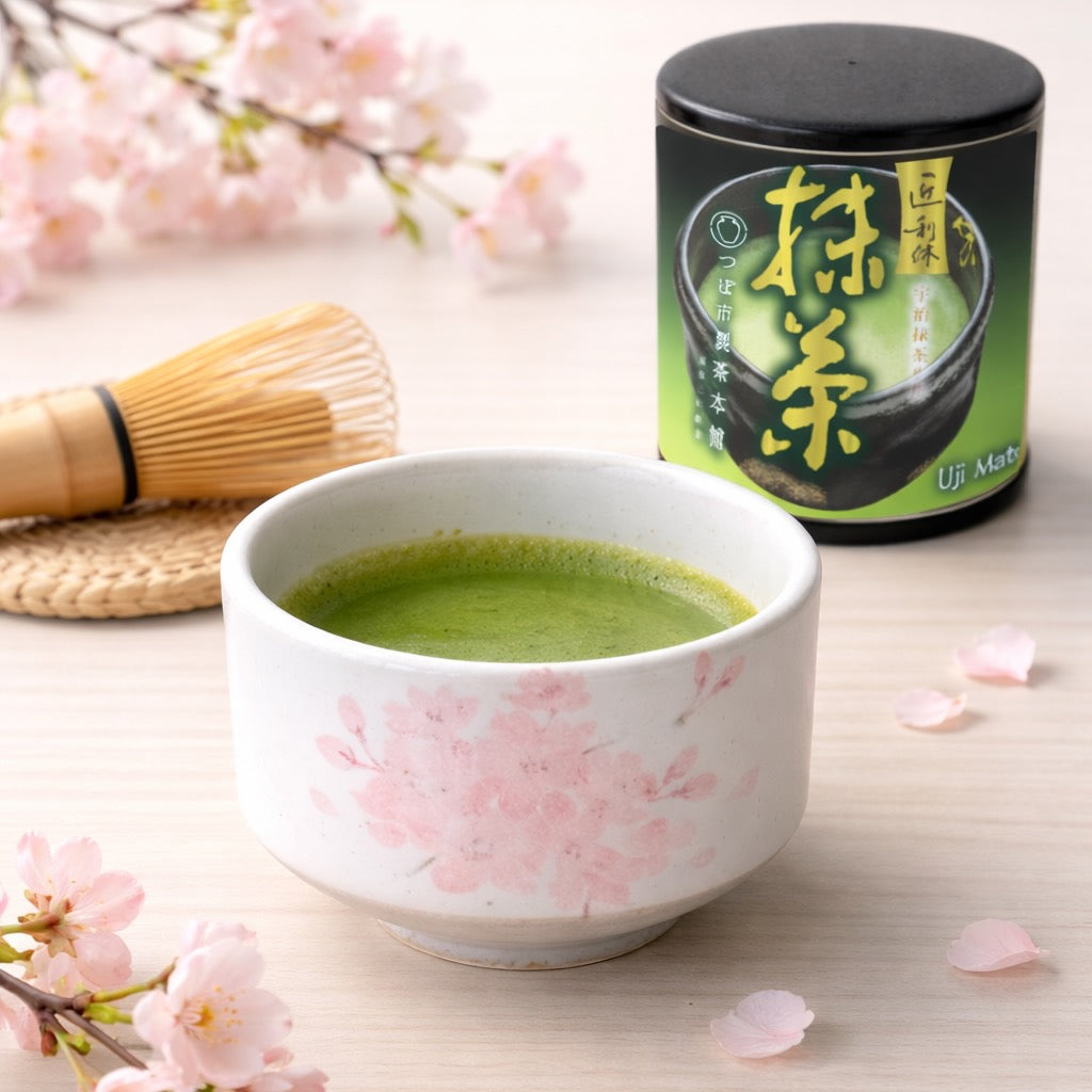 Japanese Sakura Matcha Bowl Set with Mino ware bowl and 30g Uji ceremonial matcha. 